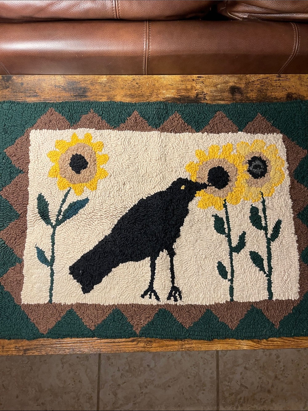 Handhooked Crow & Sunflower Accent Rug - Black, Yellow, Green